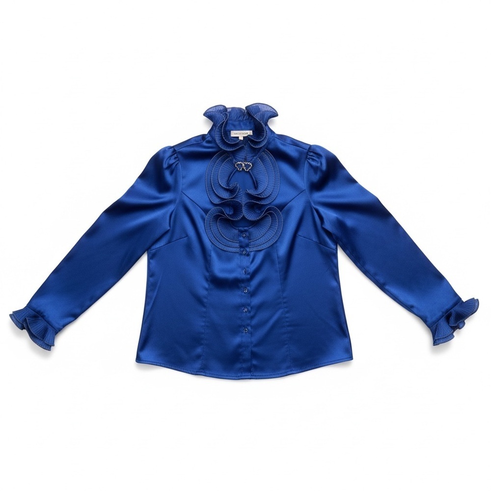 NWOT vintage Royal blue silk blouse with ruffle detail - Picture 2 of 8